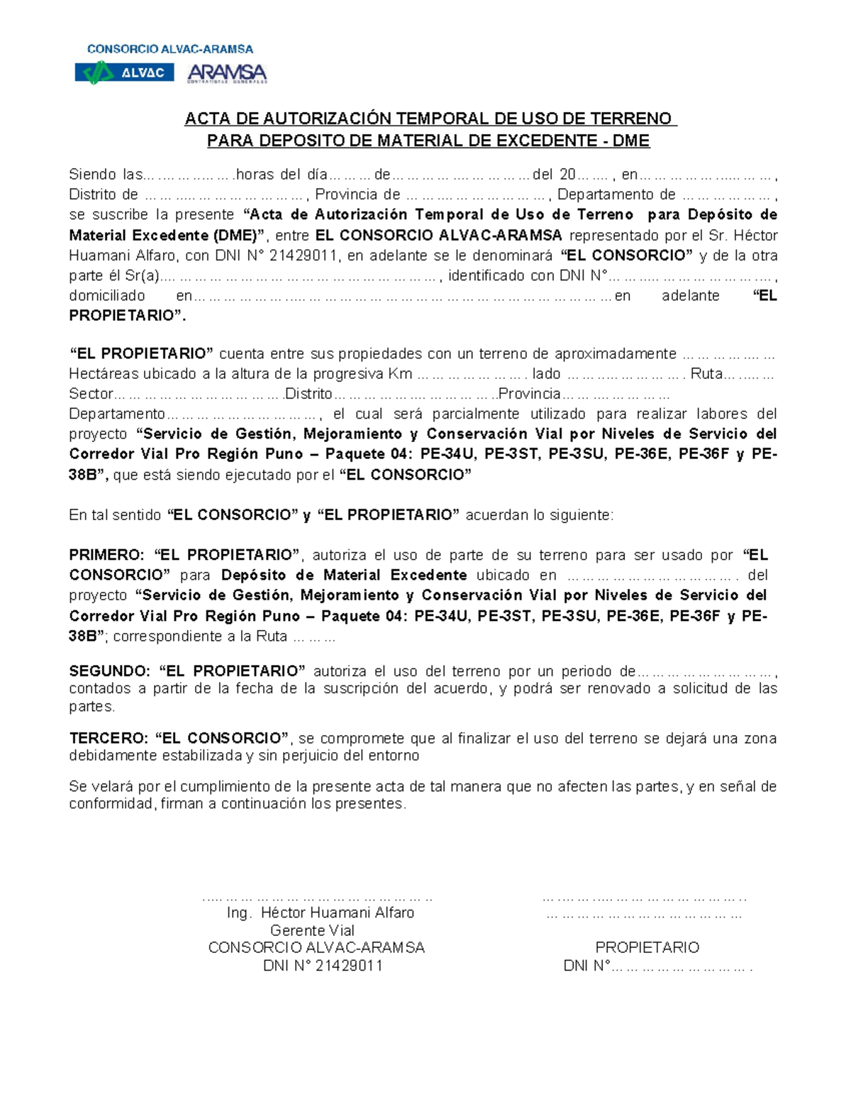 Acta de Autorización Temporal para DME - Proyecto Vial PE-34U y más ...