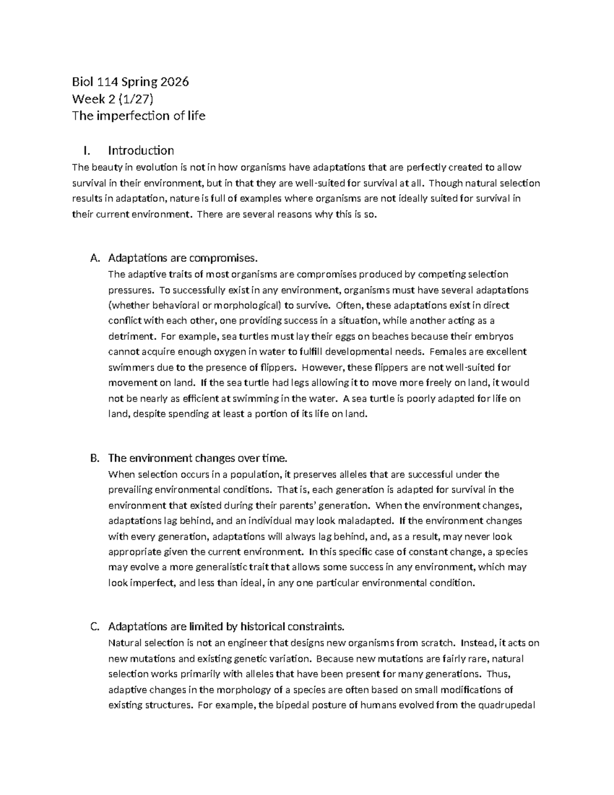 Biol 114 Spring 2026 Lecture Week 2: The Imperfection of Life - Studocu