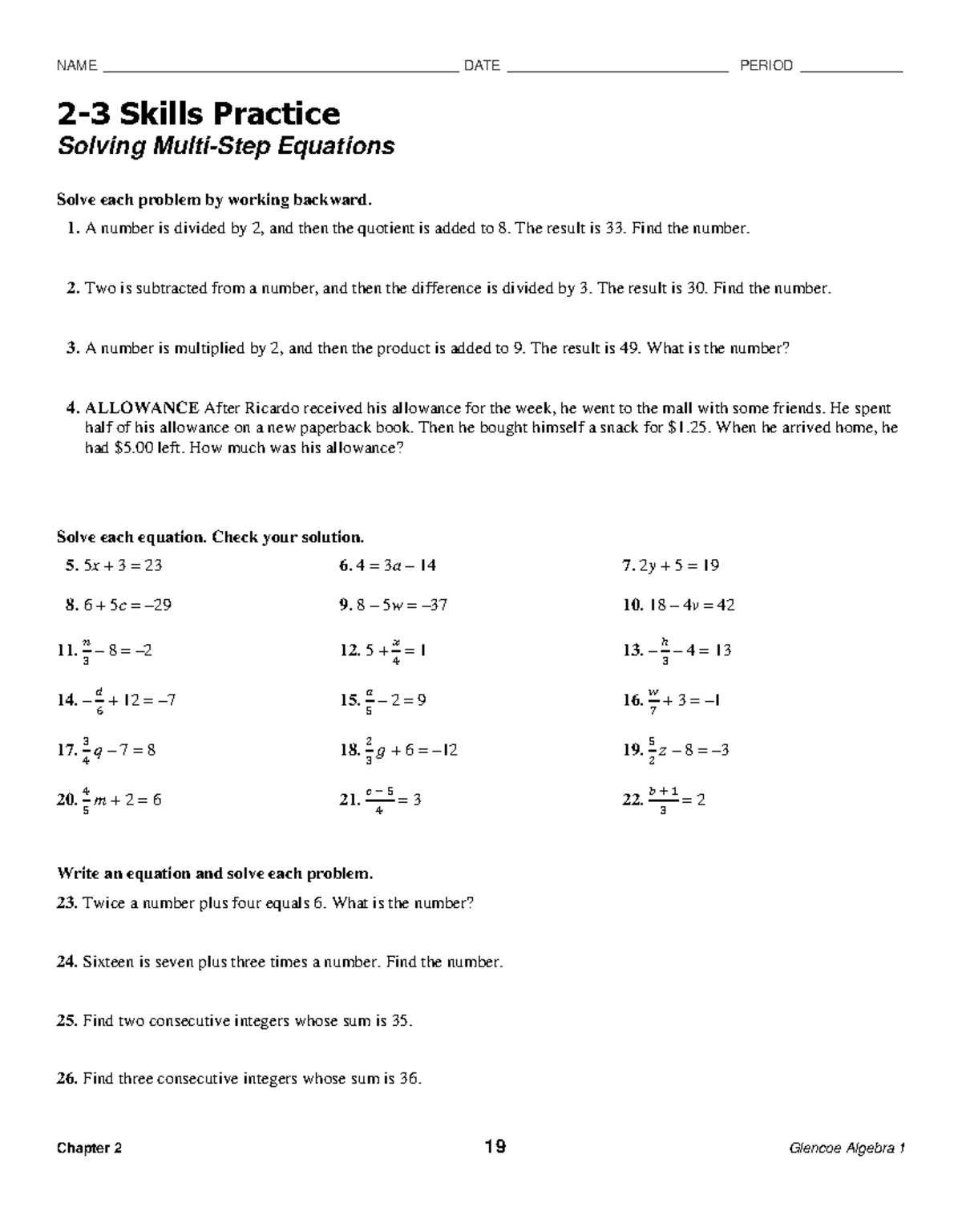 Algebra 1 (Chapter 2) Skills Practice: Solving Equations - Studocu