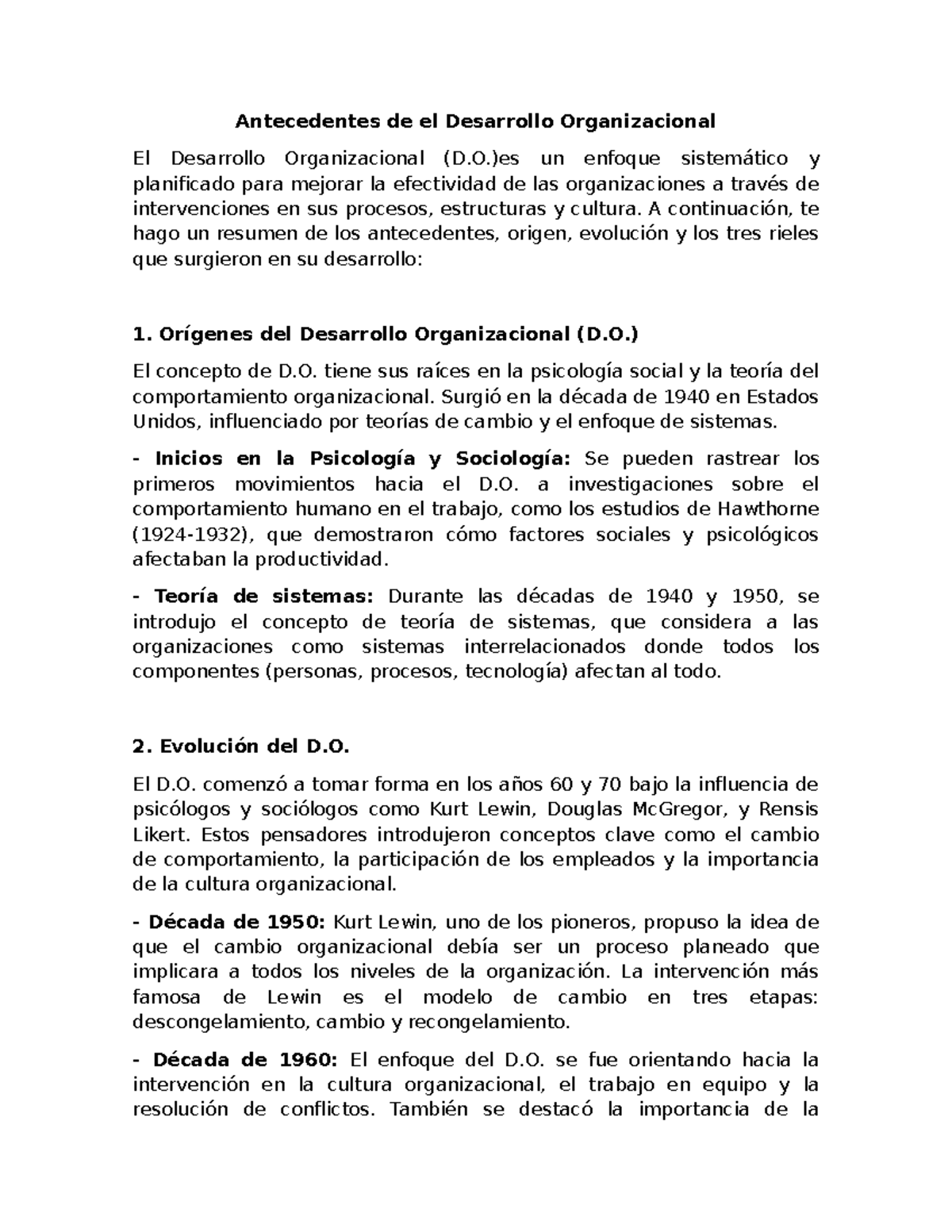 Antecedentes y Evolución del Desarrollo Organizacional (D.) - Studocu