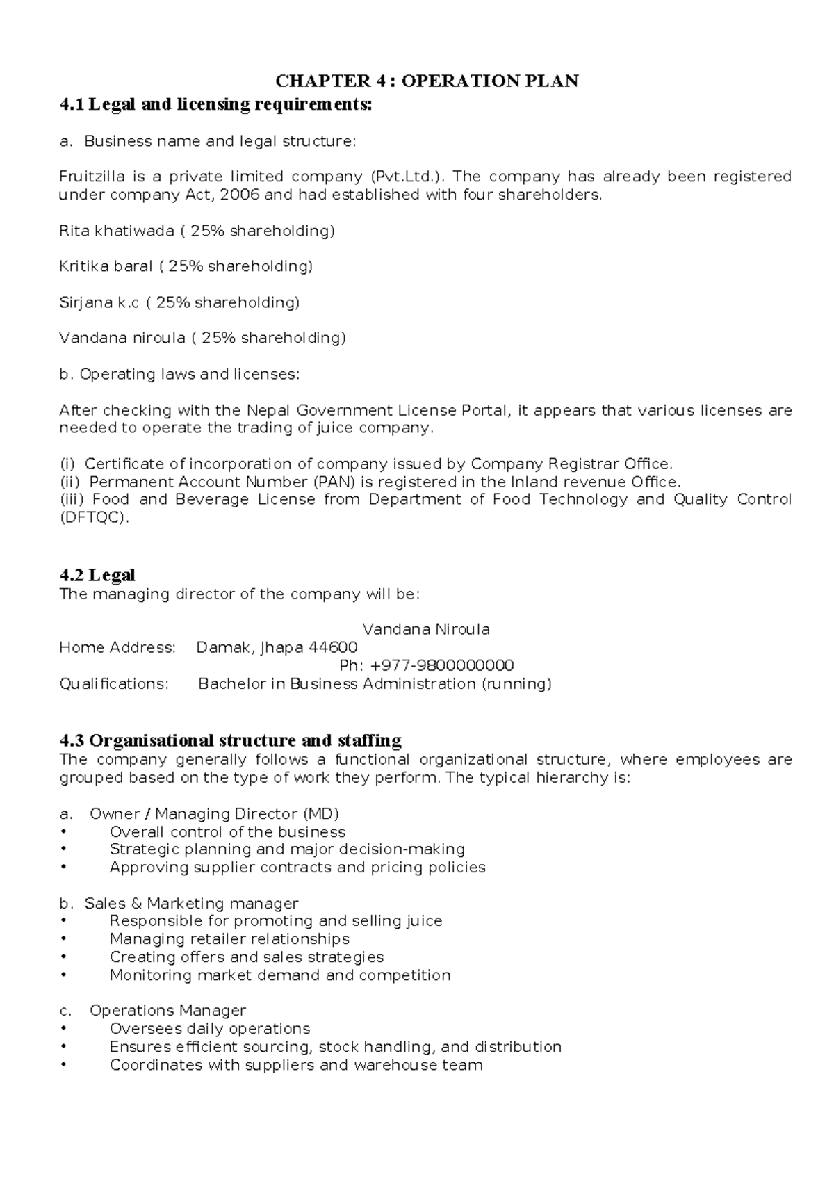 CHAPTER 4: OPERATION PLAN - Legal, Licensing & Production Process - Studocu