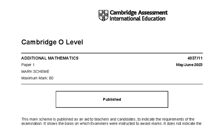 Cambridge O Level Additional Mathematics 4037 Paper 1 2023 Mark Scheme ...