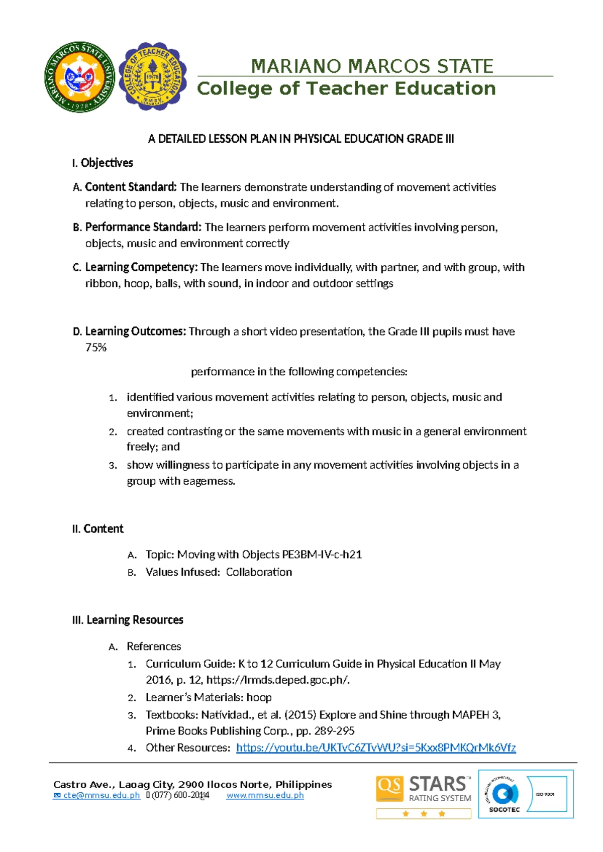 A Detailed Lesson Plan in PE for Grade III: Moving with Objects - Studocu