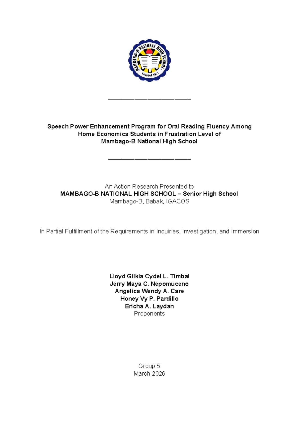 Speech Power Enhancement Program for Oral Reading Fluency (G5) - Studocu
