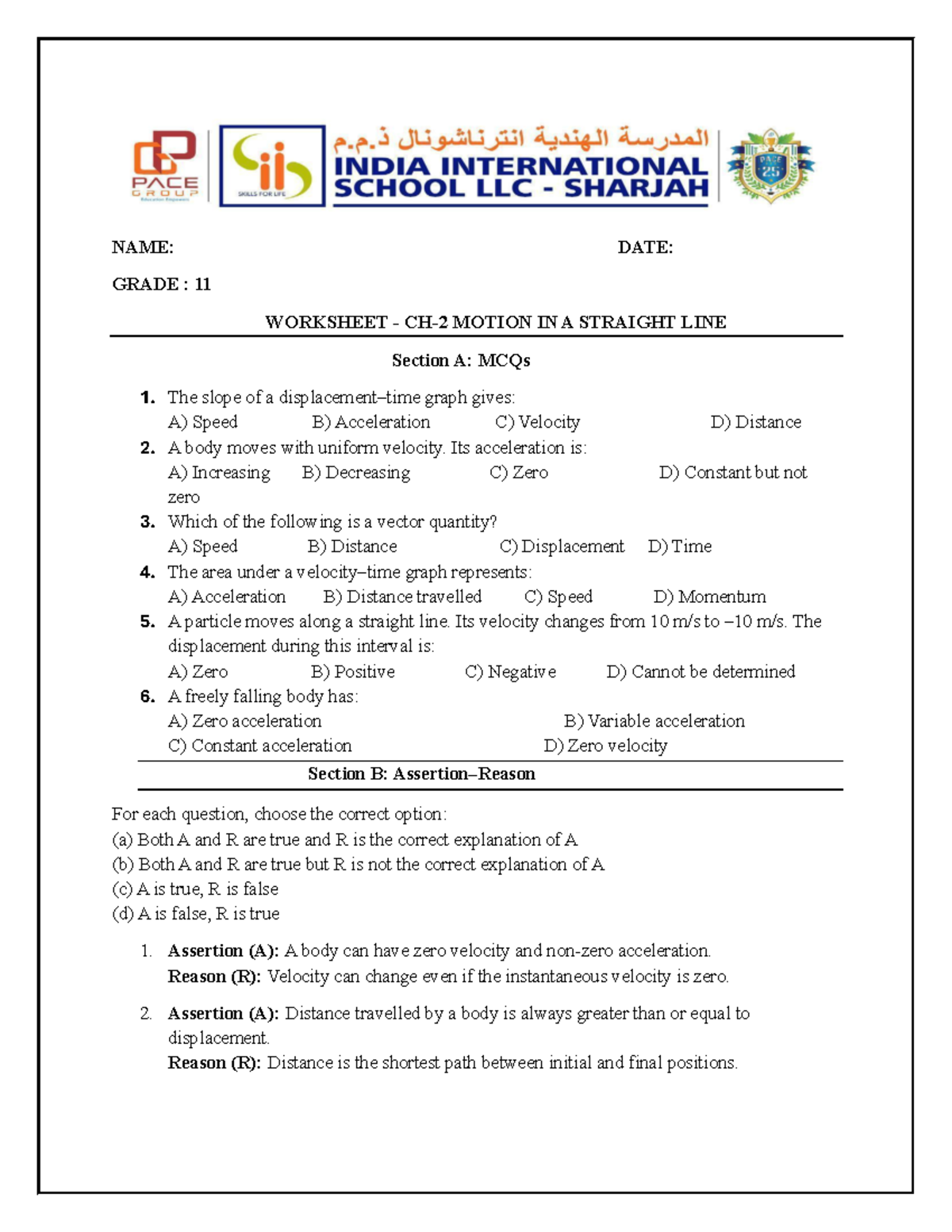 Grade 11 Physics: Motion in a Straight Line Worksheet - Studocu