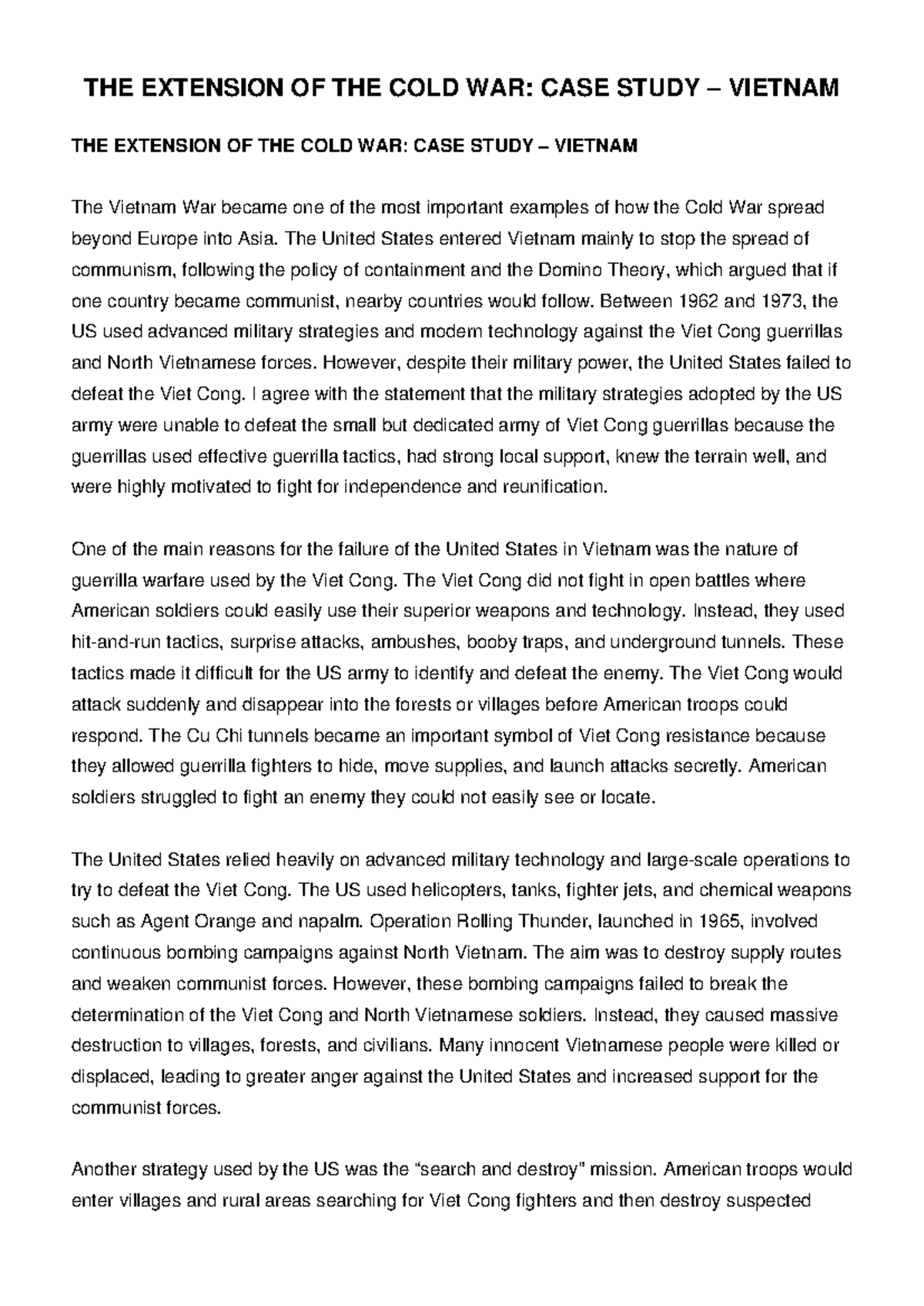 Vietnam War Essay: A Case Study on Cold War Dynamics - Studocu