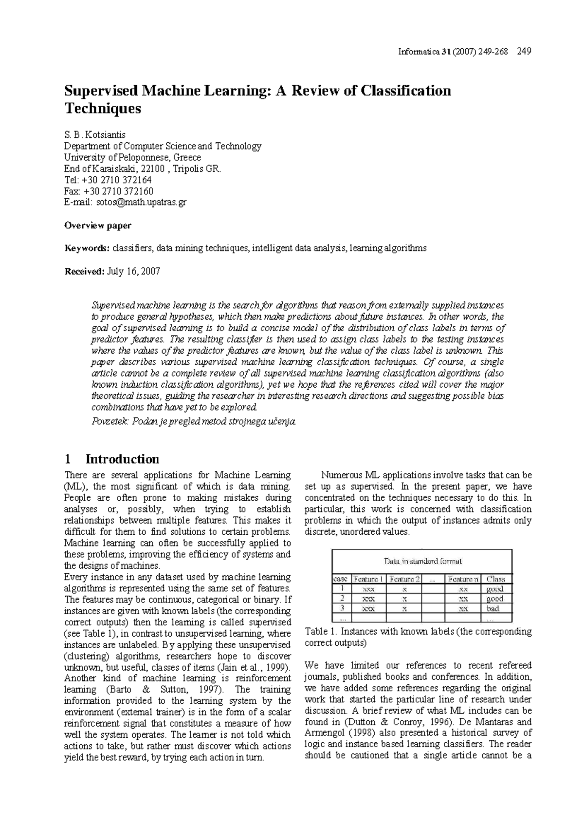 Informatica 31 (2007) Supervised Machine Learning: A Comprehensive ...