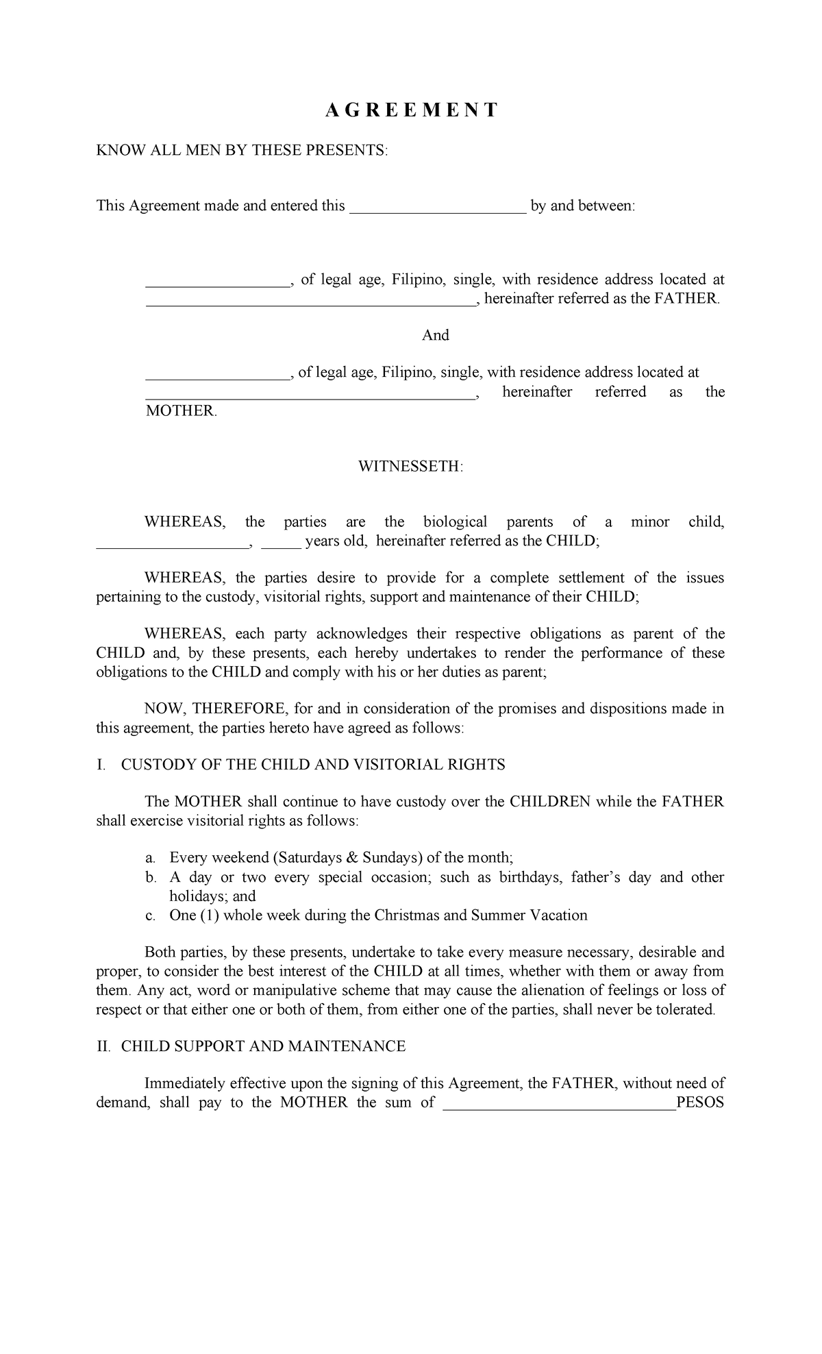 Custody and Support Agreement for Minor Child - Ilide AAA - Studocu