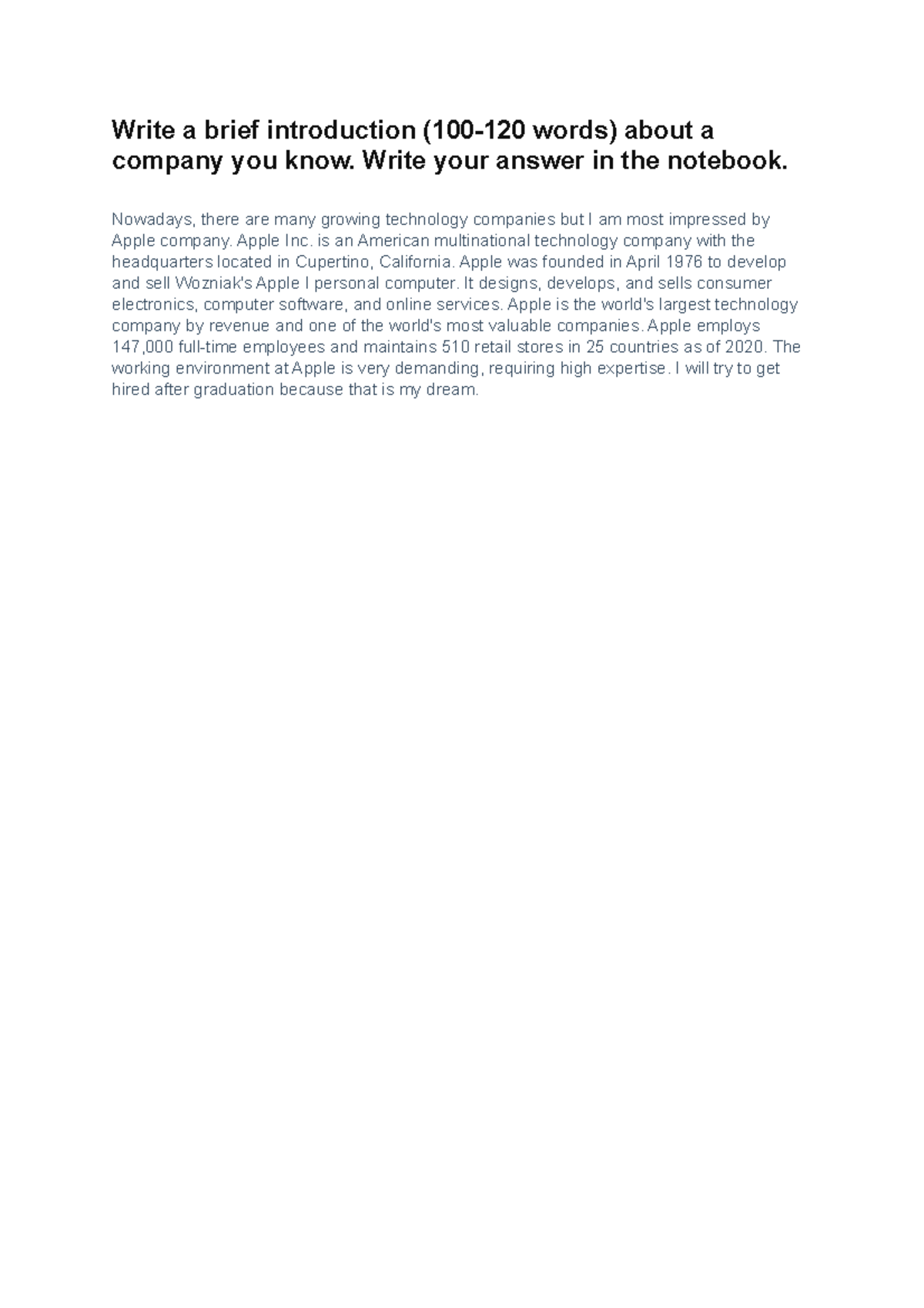 Unit 2 - Write a brief introduction (100-120 words) about a company you ...