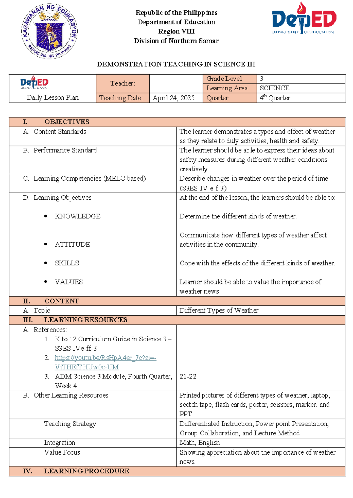 Dlp Science Iii Daily Lesson Plan On Weather Types And Safety Studocu