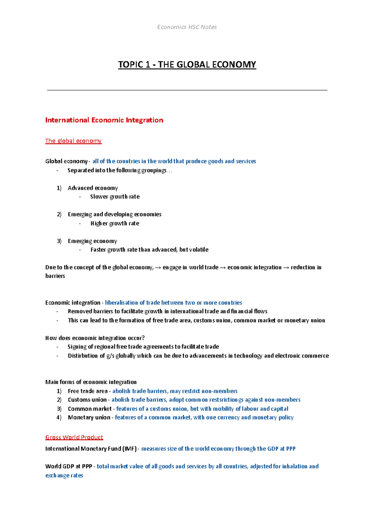 Economics HSC Notes: Topic 1 - The Global Economy and Integration - Studocu