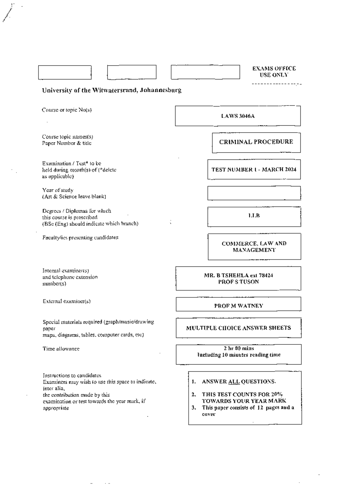 Criminal Procedure LAWS 3046A: Past Exam Paper March 2024 - Studocu
