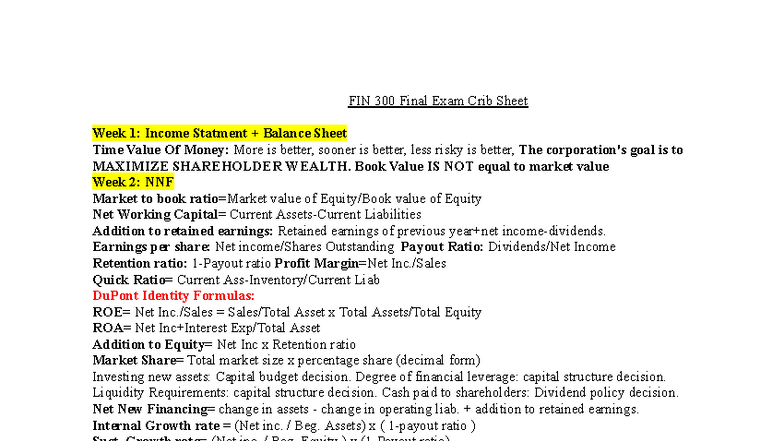 FIN 300 Final Exam Crib Sheet: Key Concepts & Formulas - Studocu