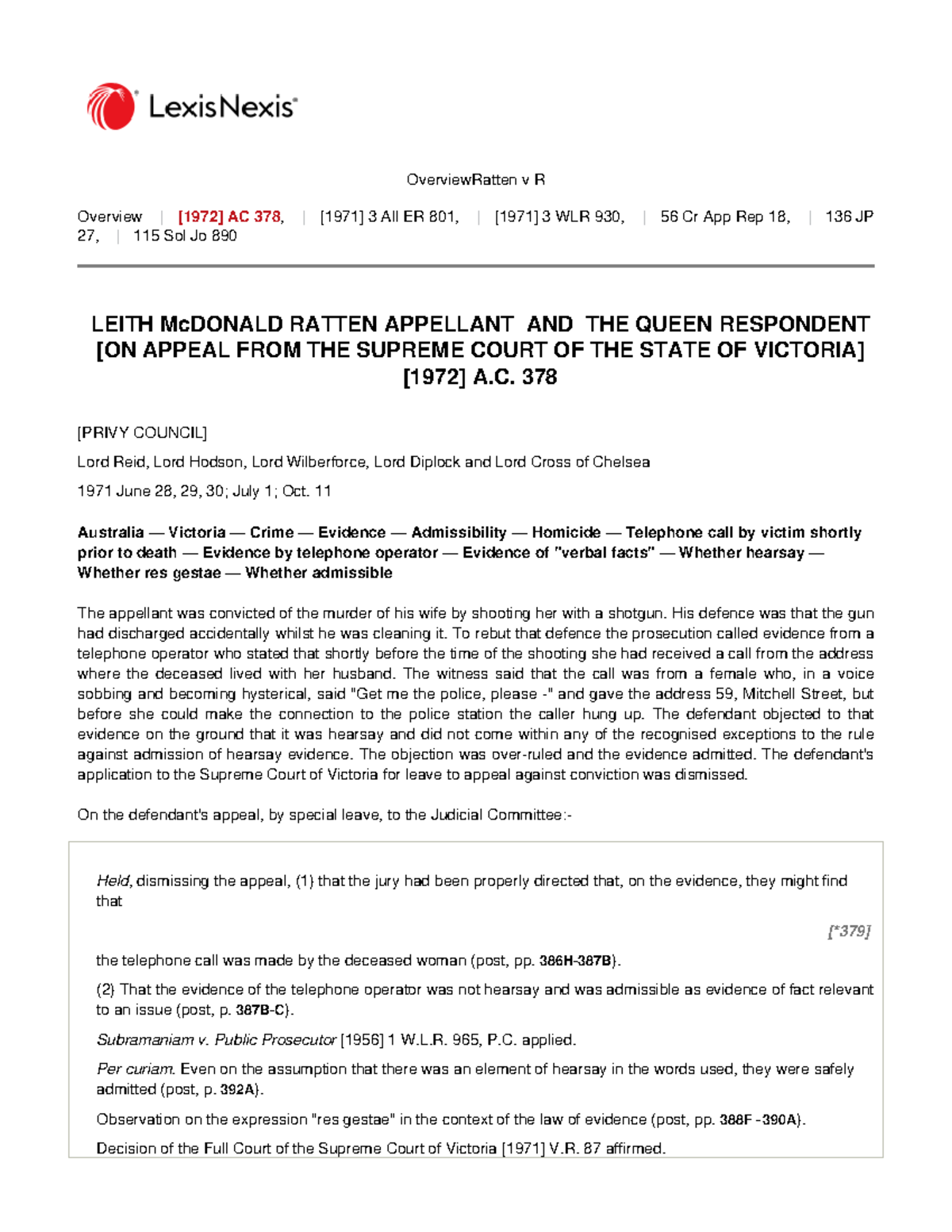 Ratten v. The Queen: Appeal Overview on Hearsay Evidence in Murder Case ...
