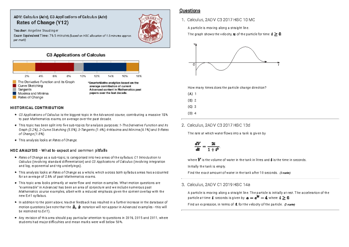 Rates of Change Analysis - Calculus 2ADV C3 Exam Prep - Studocu