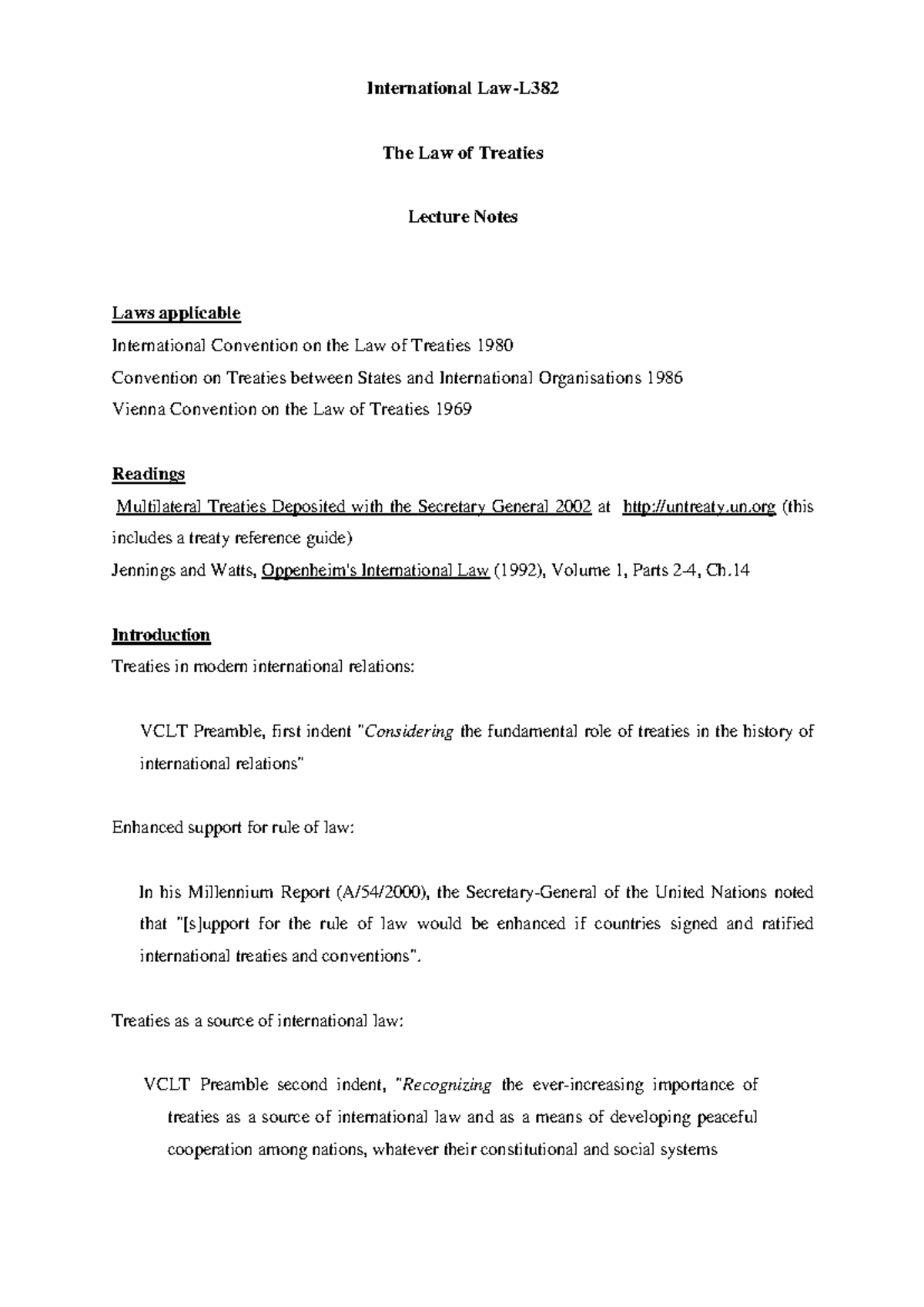 Law of Treaties Lecture Notes - INTL 101 - 2022 - Studocu