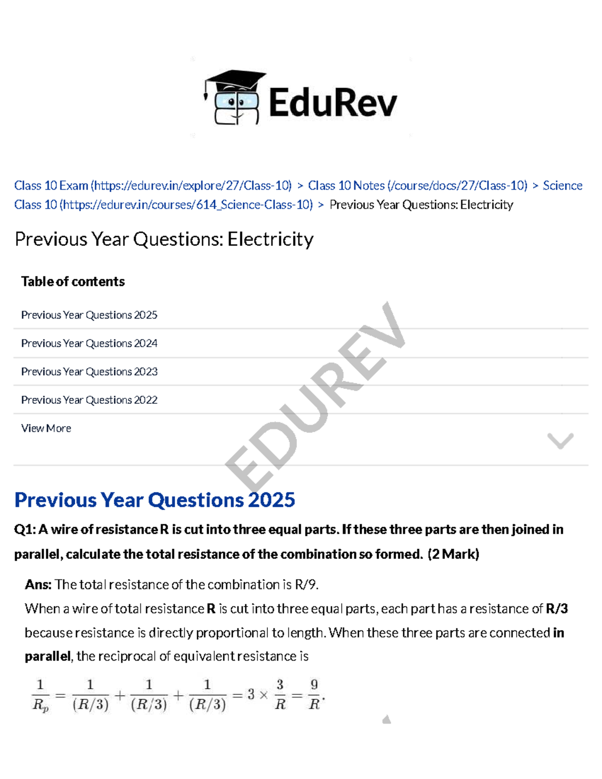Class 10 Science Chapter 11 Previous Year Questions: Electricity - Studocu