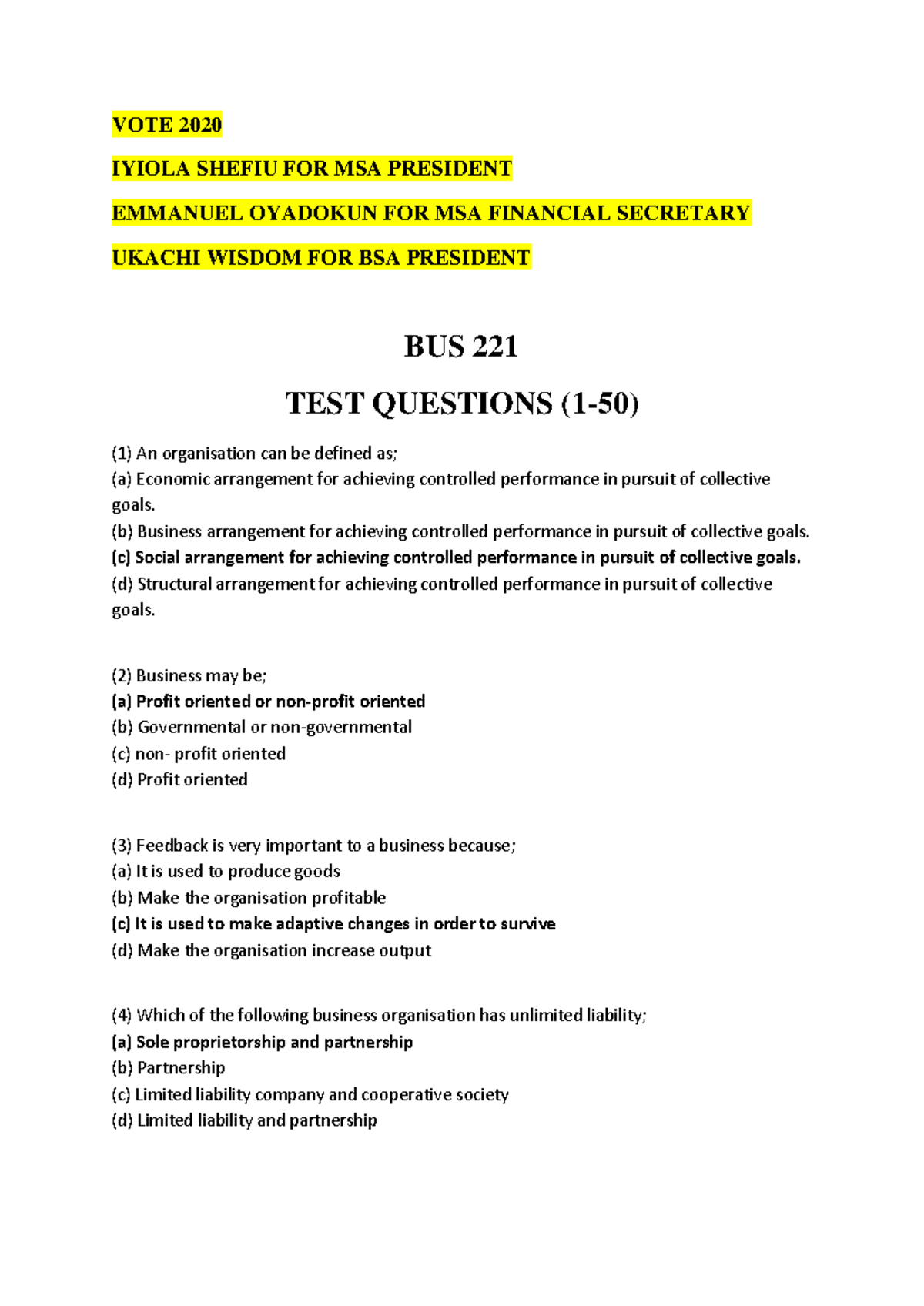 BUS 221 TEST Questions - VOTE 2020 IYIOLA SHEFIU FOR MSA PRESIDENT ...