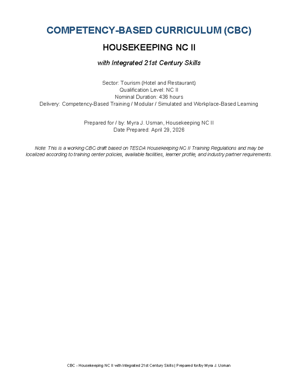 CBC Housekeeping NC II Curriculum with 21st Century Skills by Myra Usman - Document Preview