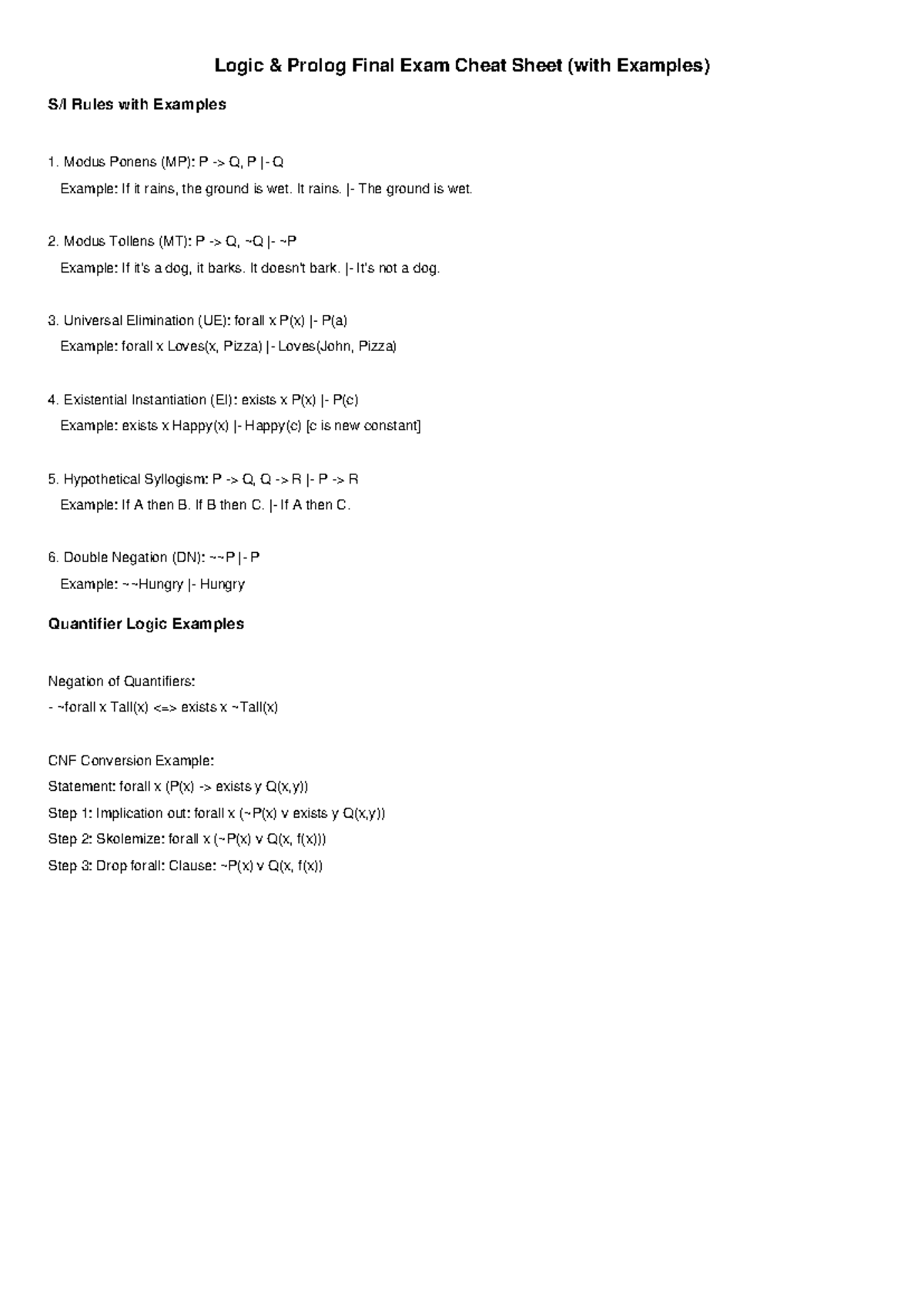Logic & Prolog Final Exam Cheat Sheet: Key Rules & Examples - Studocu