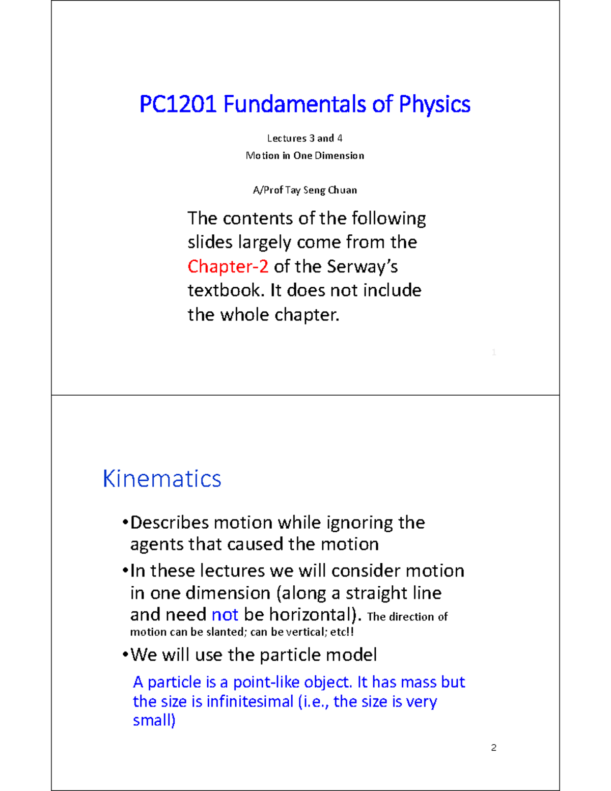 Chapter 02: Motion in One Dimension - PC1201 Lecture Notes - Studocu