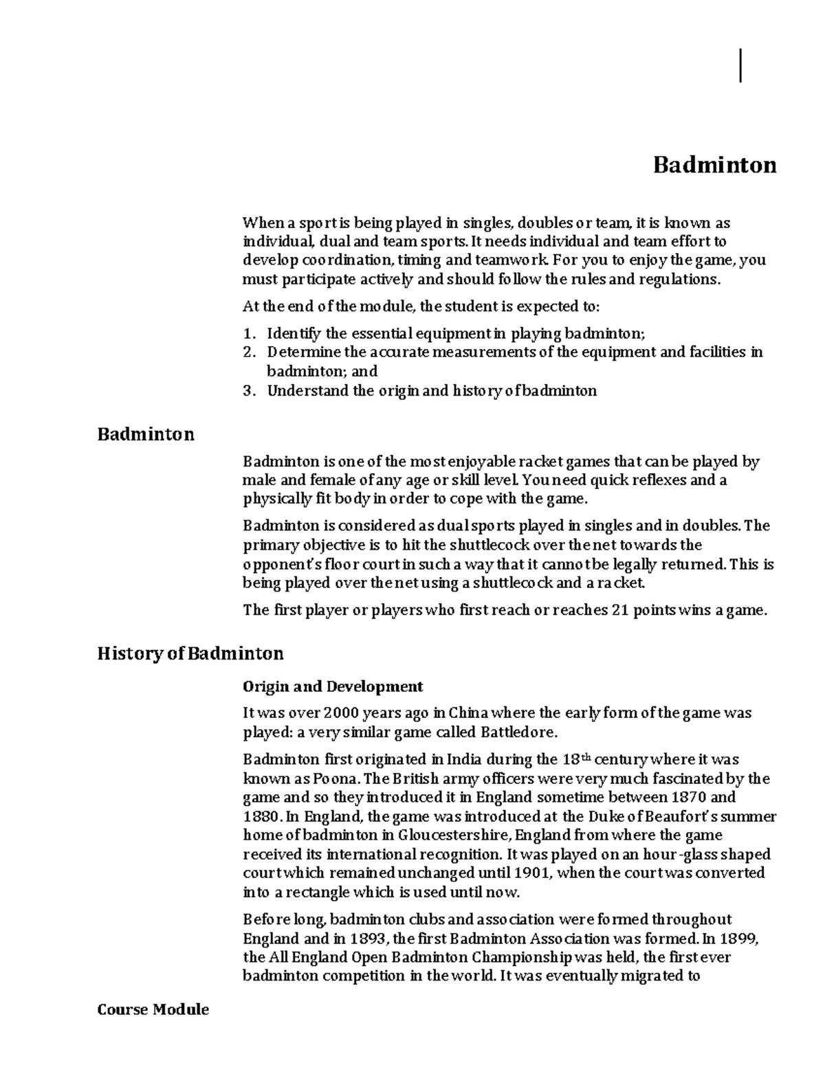 Week 01 Module - Badminton - Course Module Badminton When a sport is ...