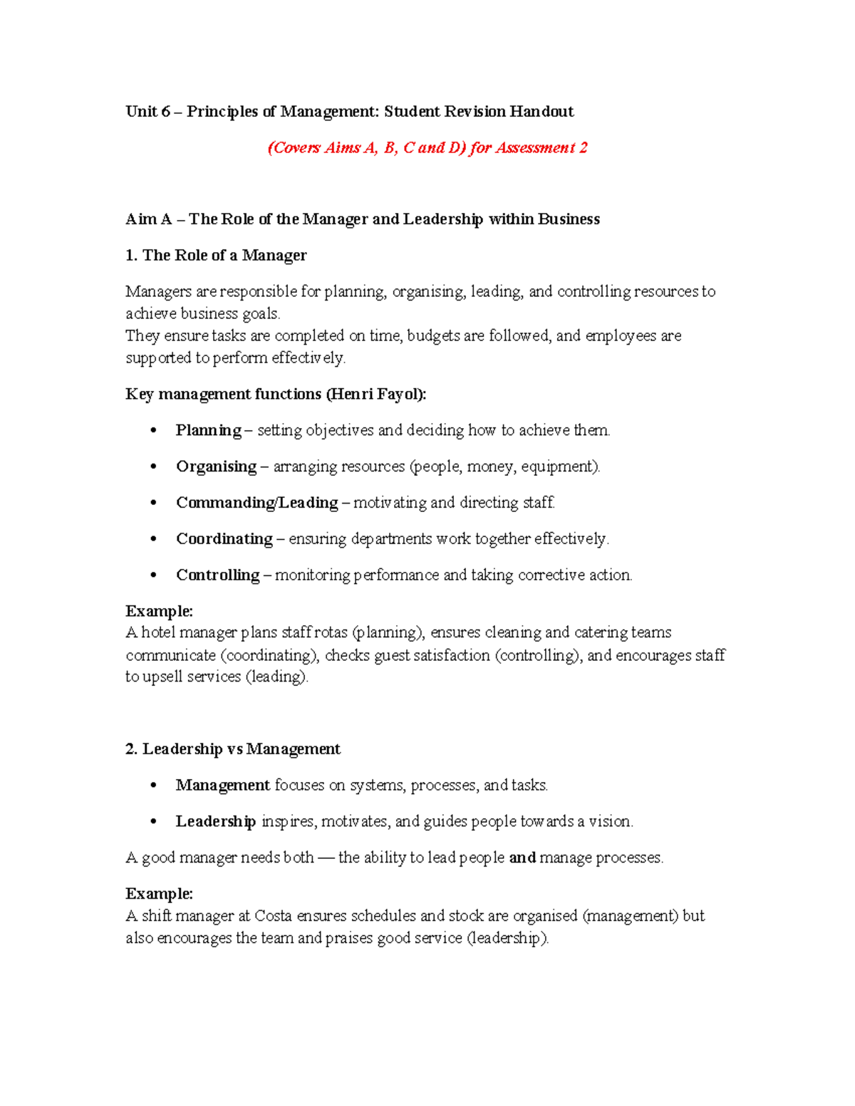 Unit 6 Principles of Management: Revision Handout for Aims A, B, C & D ...
