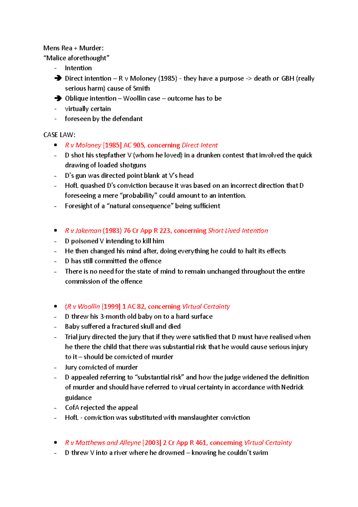 Mens Rea Seminar - Analysis of Key Cases & Problem Questions - Studocu
