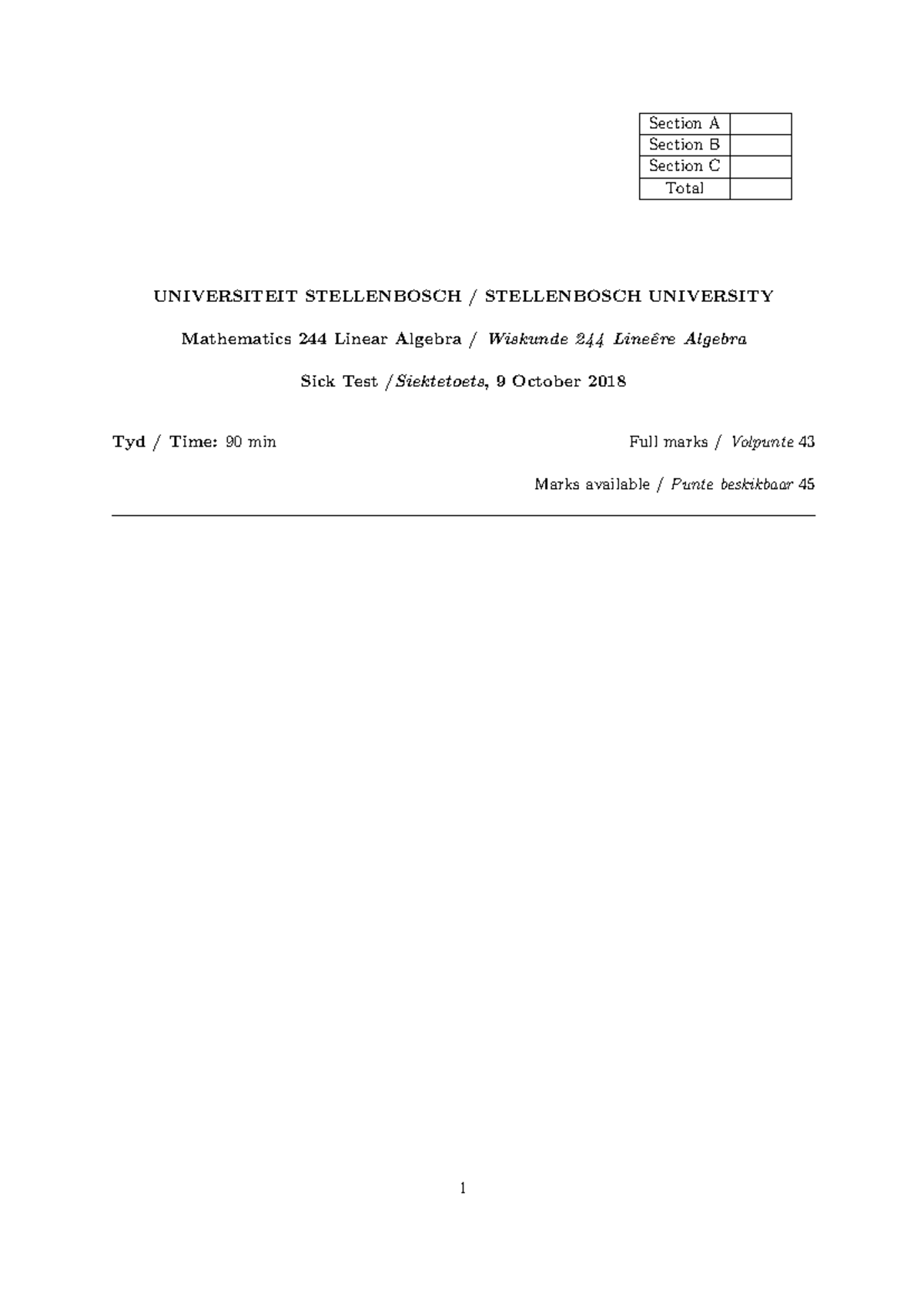 Mathematics 244 Sick Test Practice - Linear Algebra Exam - Studocu