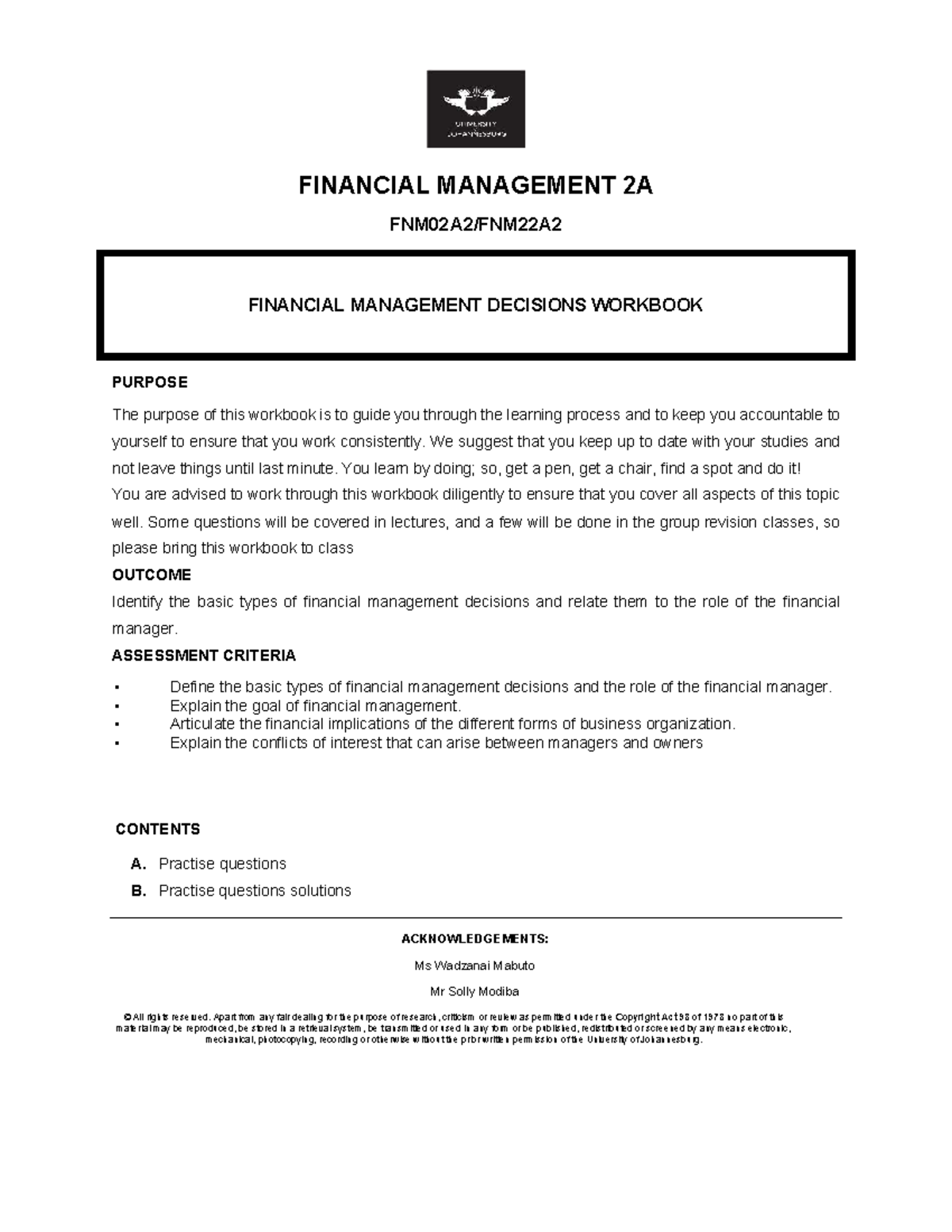FINANCIAL MANAGEMENT 2A: DECISIONS WORKBOOK & PRACTICE QUESTIONS - Studocu