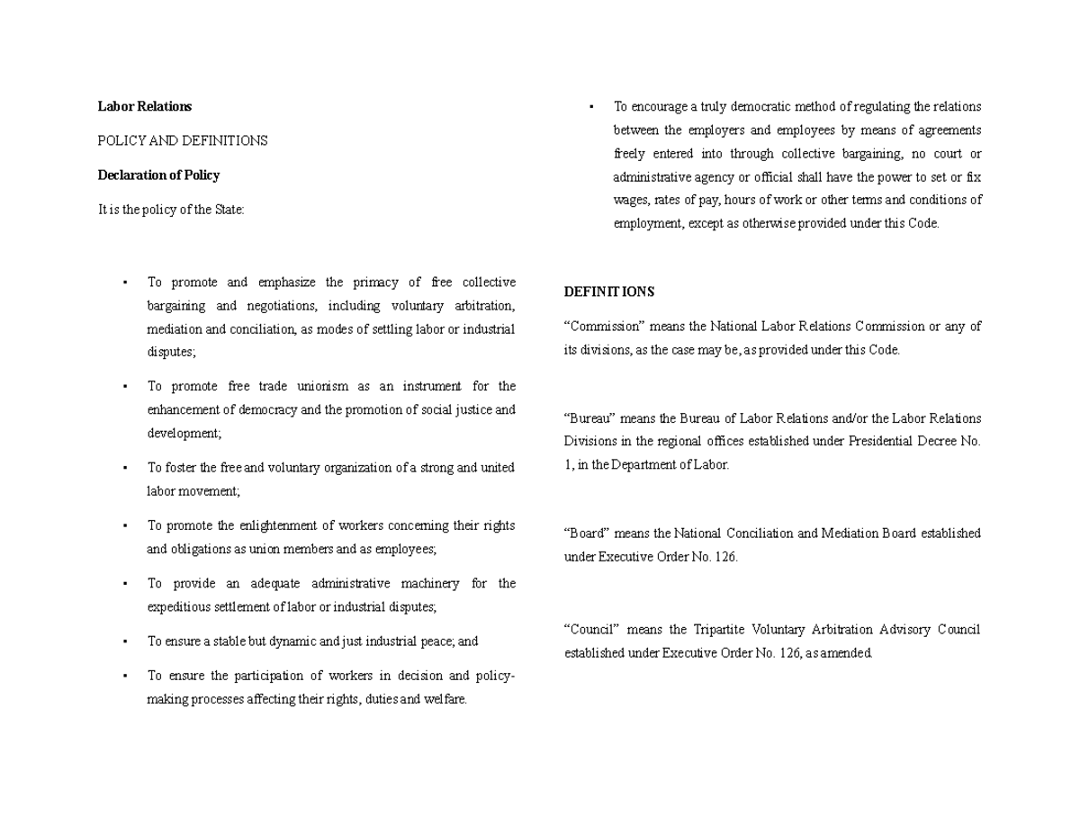 Labor Relations - Labor Relations POLICY AND DEFINITIONS Declaration of ...