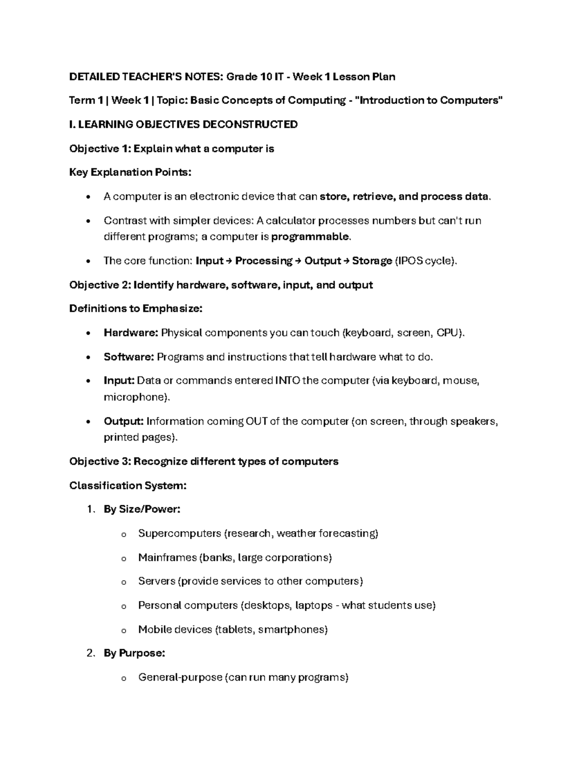 Grade 10 IT: Week 1 Lesson Plan on Basic Computing Concepts - Studocu