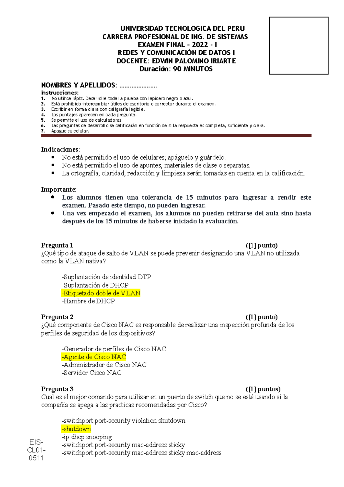 Examen Final R.C.I 2022-1 UTP - Redes y Comunicación de Datos I - Document Preview
