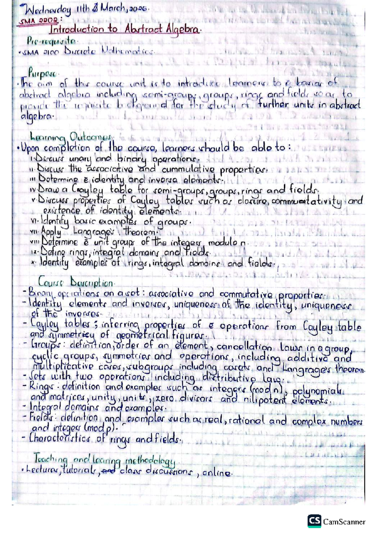 Abstract Algebra Notes (MATH 101) - Key Concepts and Theorems - Studocu