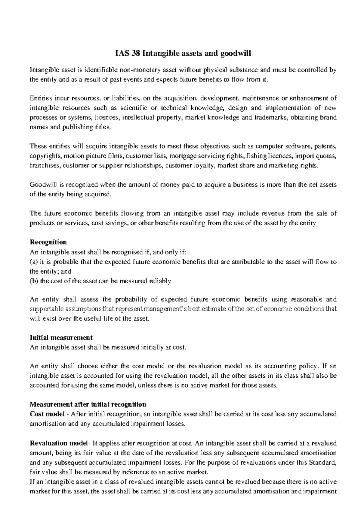 IAS 38: Accounting for Intangible Assets and Goodwill Overview - Studocu