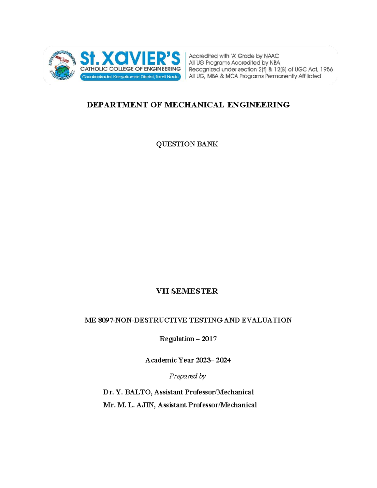 ME8097 - Question Bank for NDT: Testing & Evaluation Study Materials ...