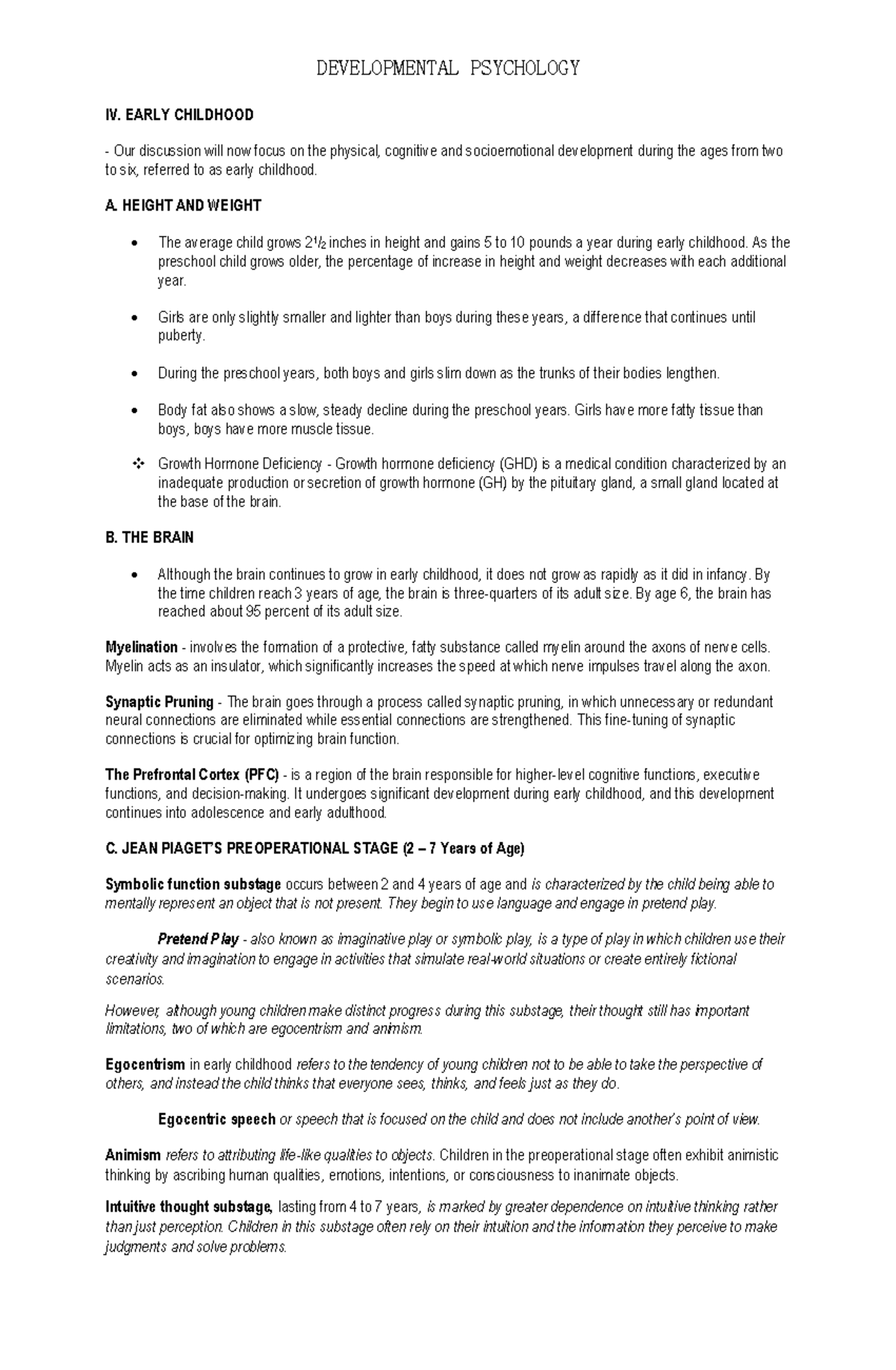 4 - Early childhood milestone - DEVELOPMENTAL PSYCHOLOGY IV. EARLY ...