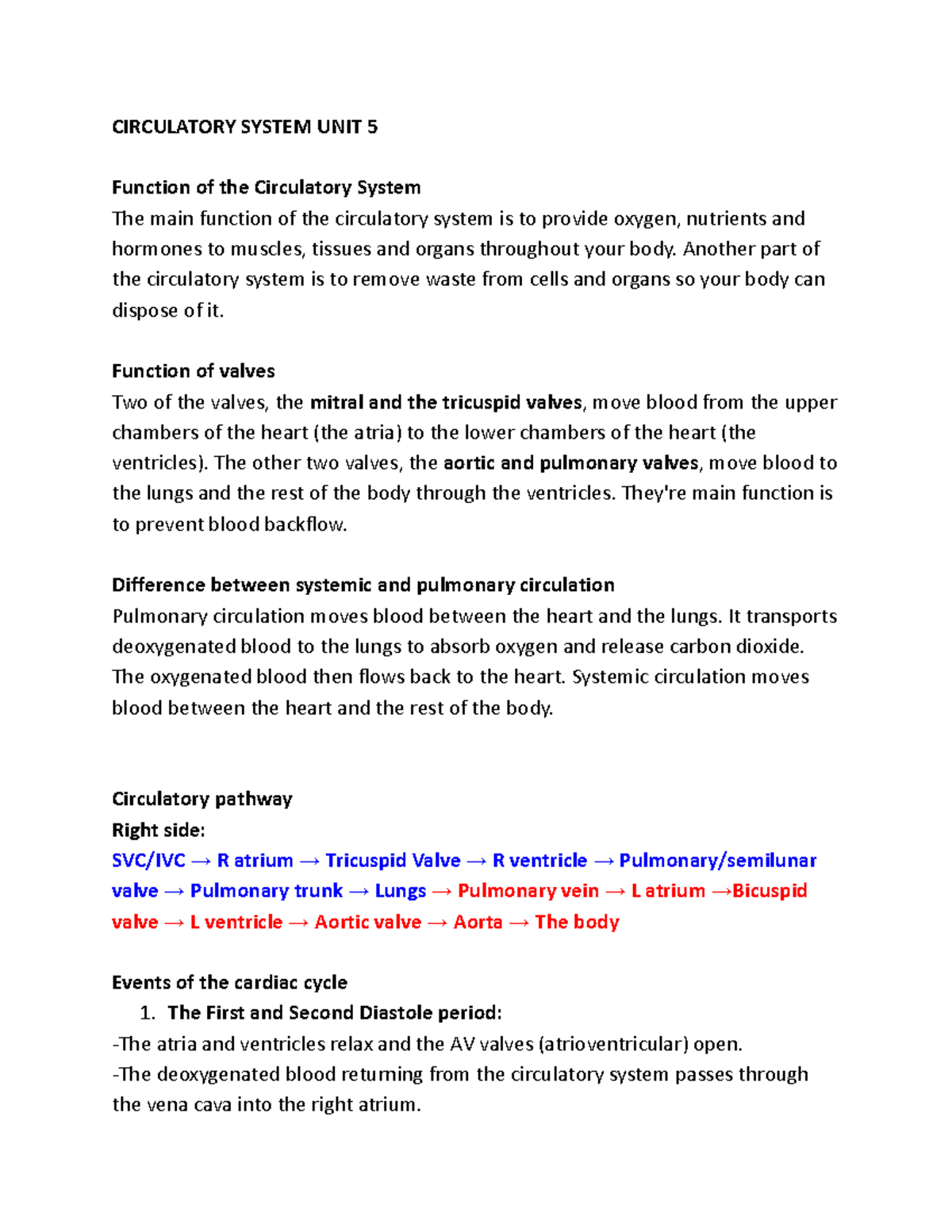 Anatomy Study Guide Answers - CIRCULATORY SYSTEM UNIT 5 Function of the ...