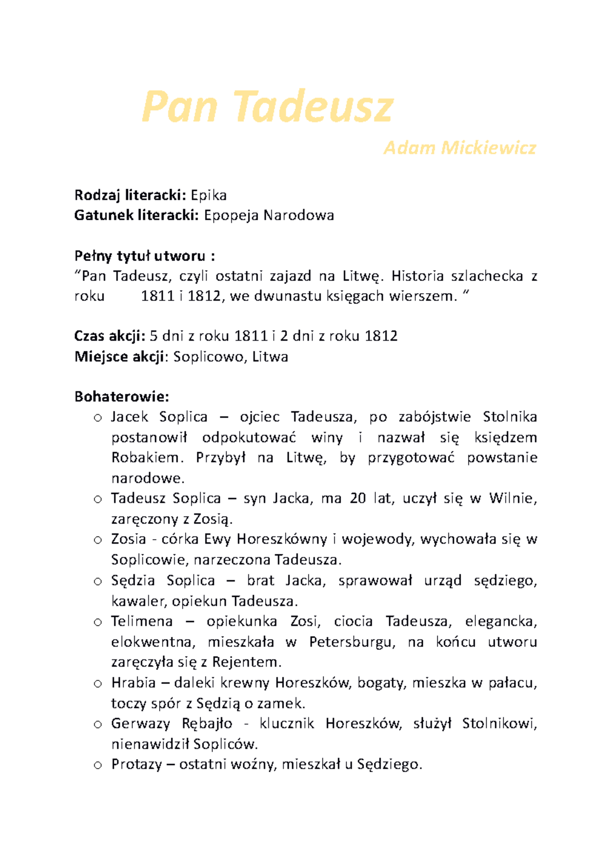 Pan Tadeusz Jako Epopeja Scenariusz Lekcji www.studocu.com