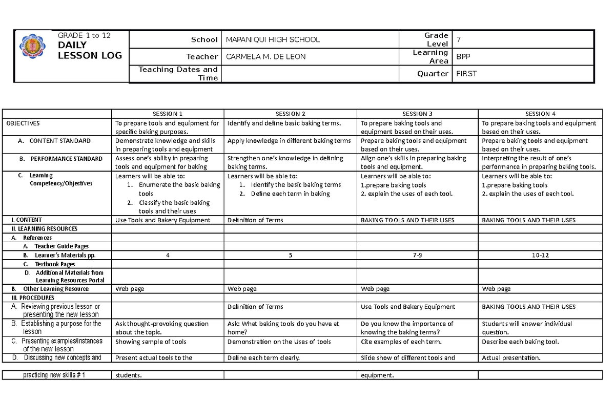 Dll-bread-and-pastry-g7-8 - GRADE 1 to 12 DAILY LESSON LOG School ...
