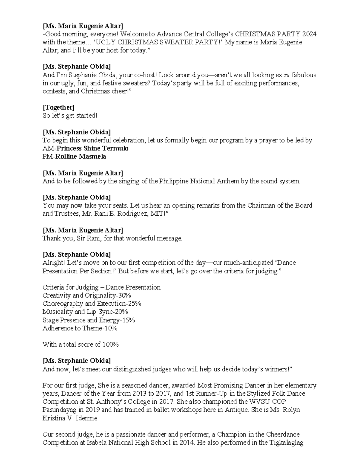 Emcee Script - N/A - [Ms. Maria Eugenie Altar] -Good morning, everyone ...