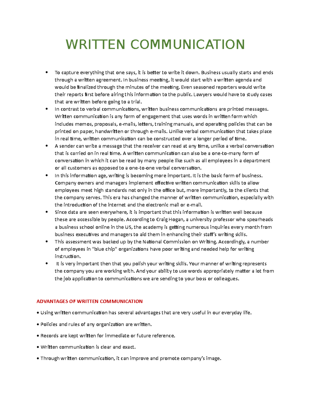 Study Notes on Written Communication for BUS 101 - Studocu