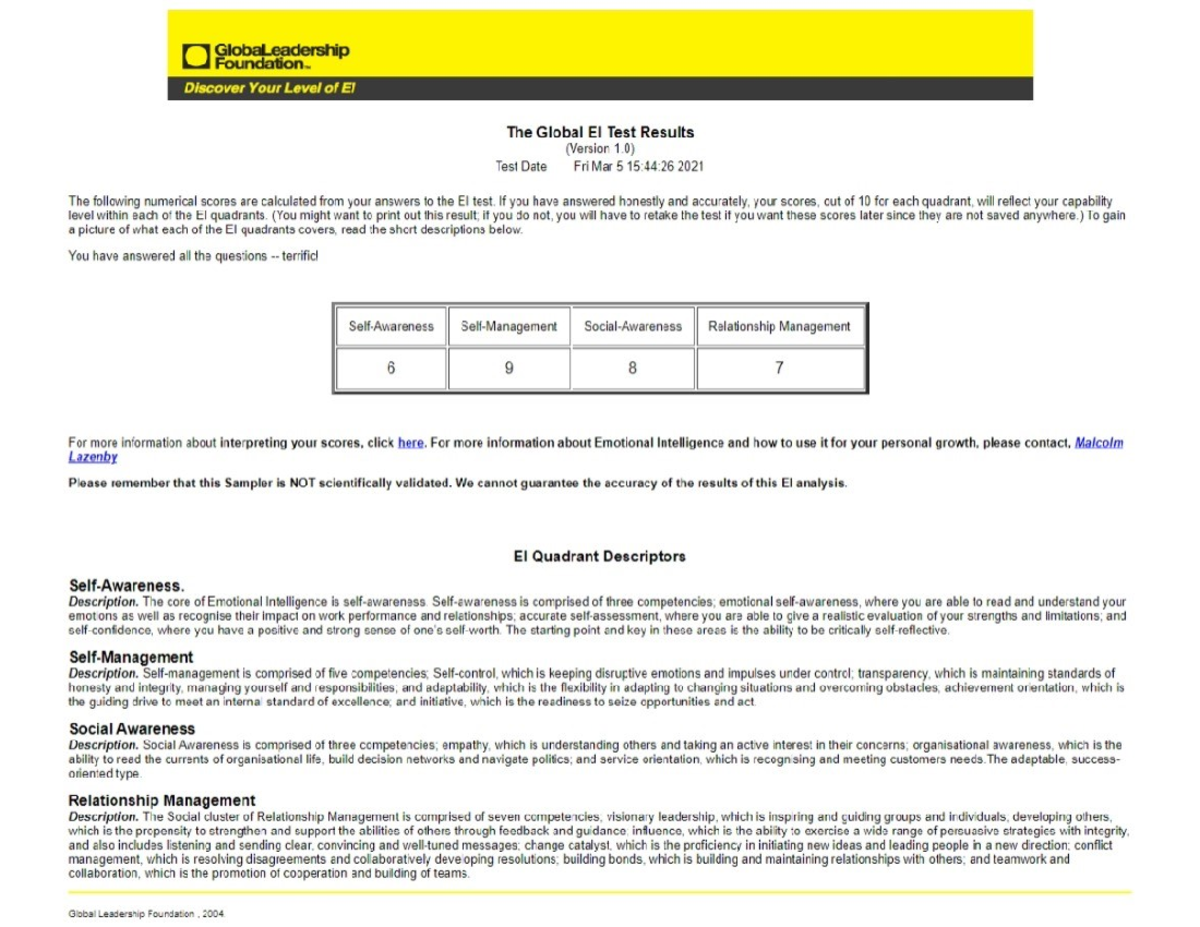 D080 EI Test Results Analysis and Quadrant Descriptions - Studocu