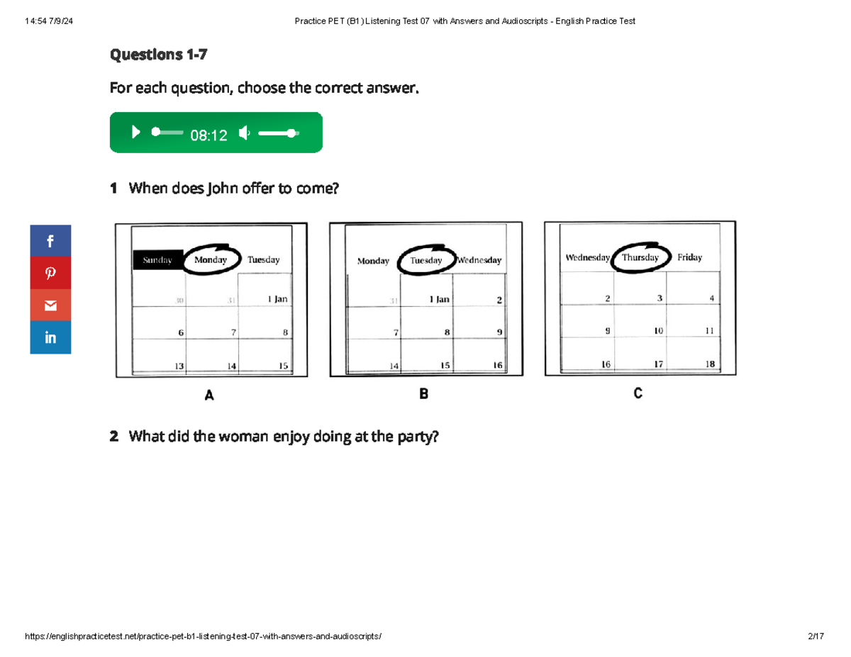Practice PET (B1) Listening Test 07: Questions, Answers & Audioscripts ...