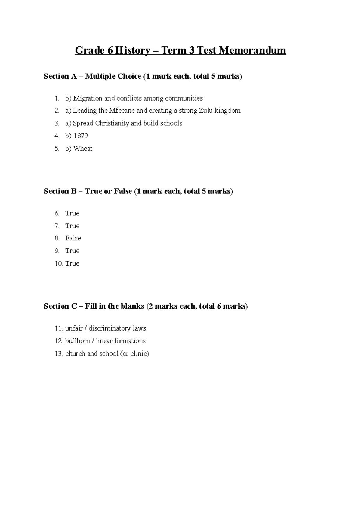 Grade 6 History Term 3 Test Memo: Multiple Choice & Short Answers - Studocu