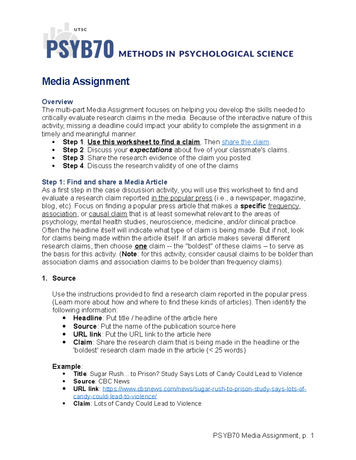 PSYB70 Media Assignment Step 1 Worksheet: Evaluating Research Claims ...