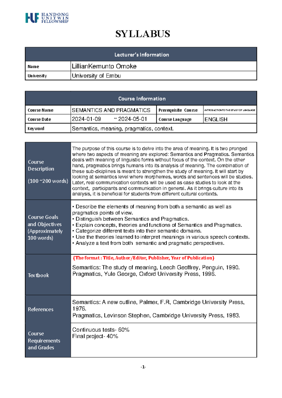 0 Syllabus - notes - semantics and pragmatics - SYLLABUS Lecturer’s ...