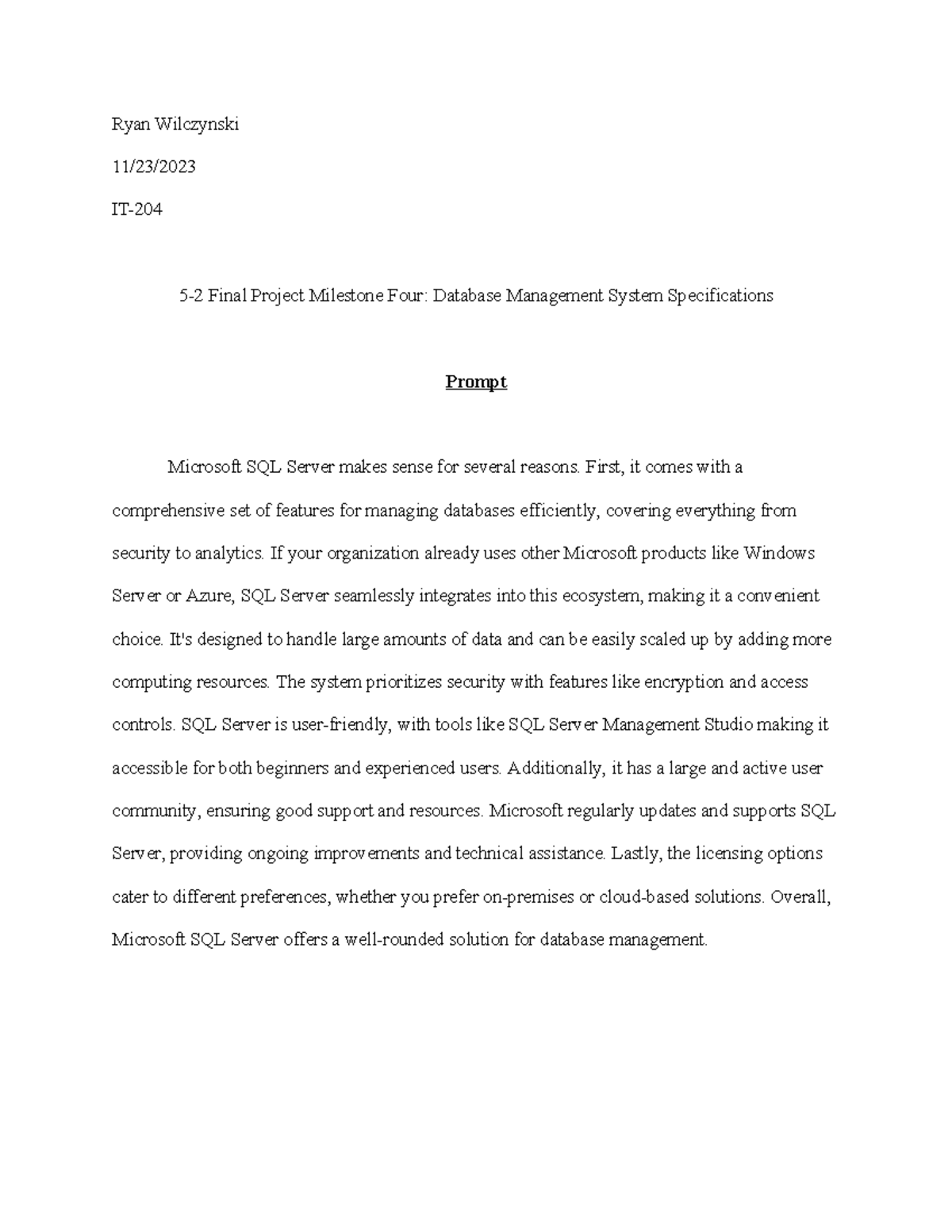 IT-5-2 Final Project Milestone 4: SQL Server DBMS Specifications - Studocu