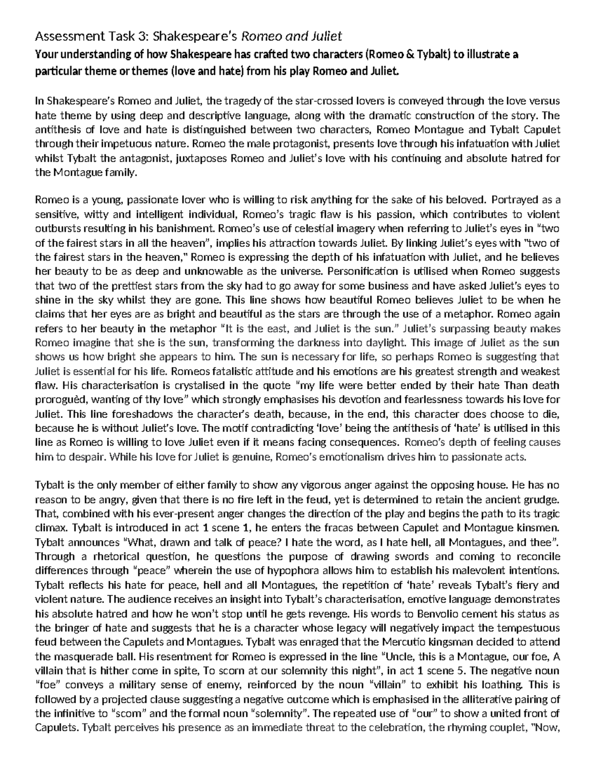 Assessment Task 3: Analyzing Love and Hate in Romeo and Juliet - Studocu