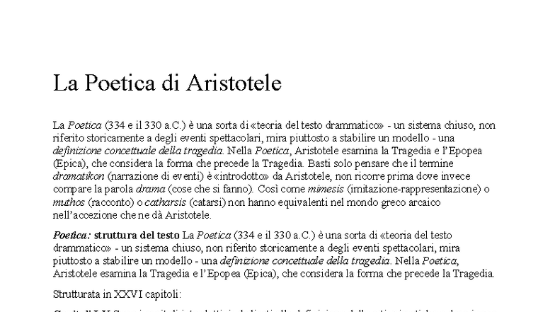 La Poetica di Aristotele: Analisi e Struttura della Tragedia - Studocu